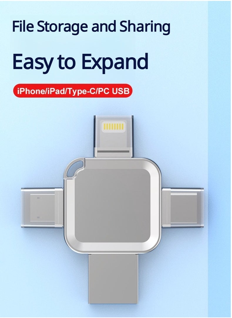 Bonic - 4-in-1 High Speed USB Flash Drive with Micro USB3.0 and Type-C Ports, Compatible with Android Smartphones, iPhone, iPad, MacBook, and Laptops - Silver 64GB - Image 1