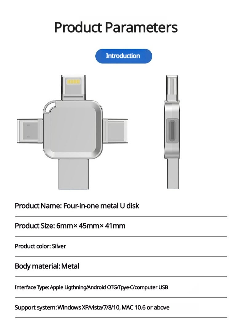 Bonic - 4-in-1 High Speed USB Flash Drive with Micro USB3.0 and Type-C Ports, Compatible with Android Smartphones, iPhone, iPad, MacBook, and Laptops - Silver 64GB - Image 1
