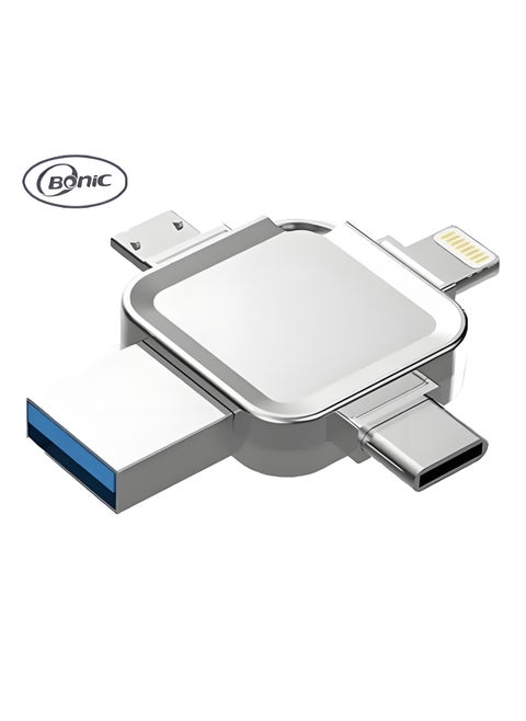 4-in-1 High Speed USB Flash Drive with Micro USB3.0 and Type-C Ports, Compatible with Android Smartphones, iPhone, iPad, MacBook, and Laptops - Silver 64GB