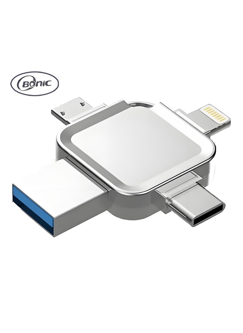Bonic - 4-in-1 High Speed USB Flash Drive with Micro USB3.0 and Type-C Ports, Compatible with Android Smartphones, iPhone, iPad, MacBook, and Laptops - Silver 64GB - Image 1