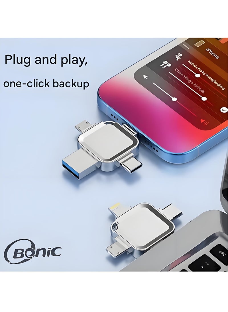 Bonic - 4-in-1 High Speed USB Flash Drive with Micro USB3.0 and Type-C Ports, Compatible with Android Smartphones, iPhone, iPad, MacBook, and Laptops - Silver 64GB - Image 1