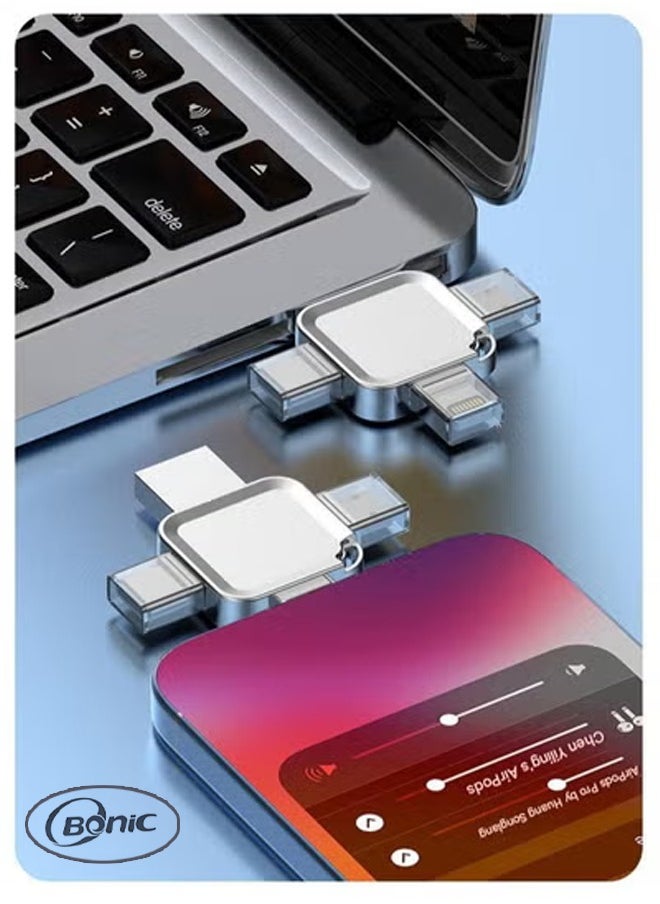 Bonic - 4-in-1 High Speed USB Flash Drive with Micro USB3.0 and Type-C Ports, Compatible with Android Smartphones, iPhone, iPad, MacBook, and Laptops - Silver 64GB - Image 1