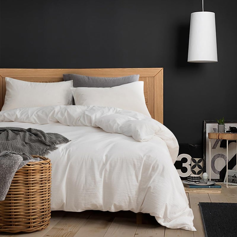 ECOCOTT ECOCOTT White Duvet Cover Full Size  100% Washed Cotton 1 Duvet Cover with Zipper and 2 Pillowcases  Ultra Soft and Easy Care Breathable Bedding Set (White  Full)  - Image 1