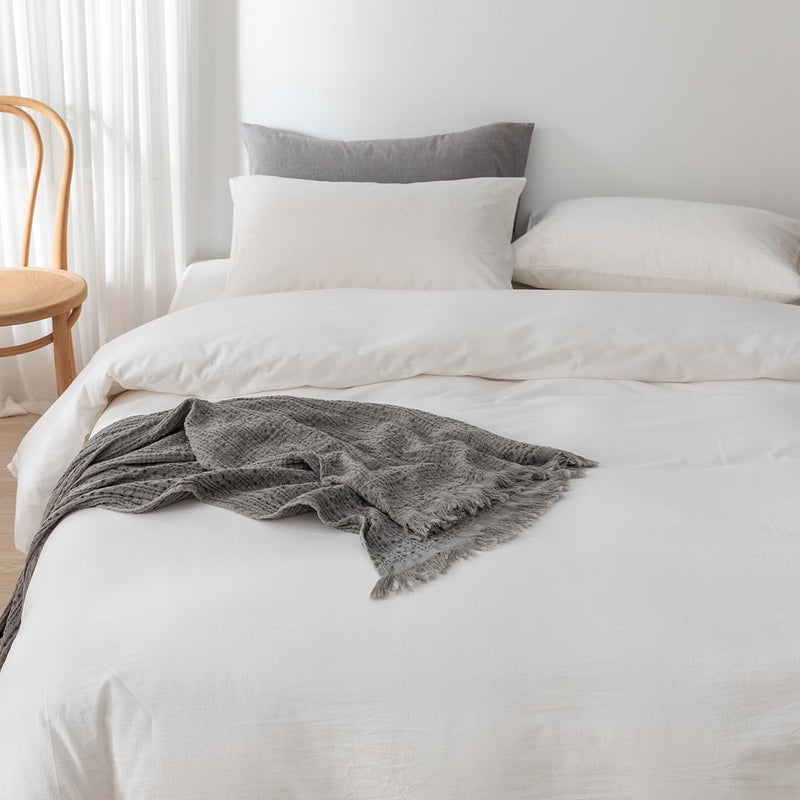 ECOCOTT ECOCOTT White Duvet Cover Full Size  100% Washed Cotton 1 Duvet Cover with Zipper and 2 Pillowcases  Ultra Soft and Easy Care Breathable Bedding Set (White  Full)  - Image 3