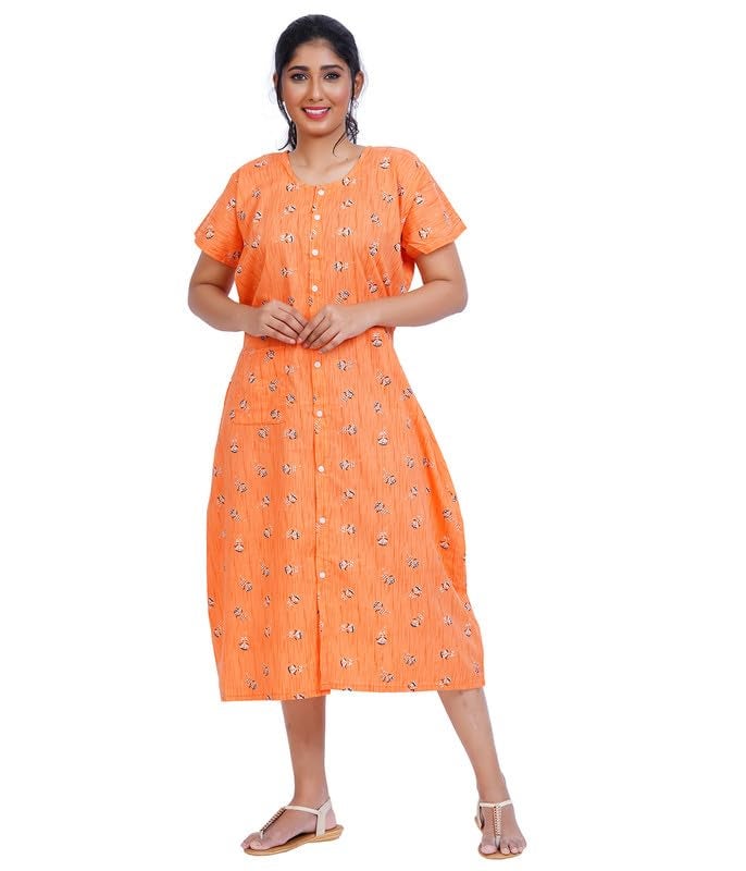 MENMAII Women's [L-4XL] Full Open/Front Buttoned [a Kind of Adaptive Clothing] Multipurpose Nighty for Maternity/Pregnancy/Elderly/Patient/Feeding/Hospital Purpose Nighty(Light Orange XL/Calf Length - Image 1