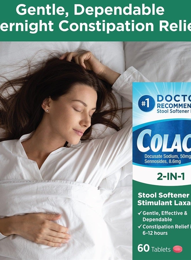 COLACE 2-In-1 Stool Softener Plus Stimulant Laxative for Gentle Effective Constipation Relief, Docusate Sodium Plus Sennosides, 60 Count - Image 2