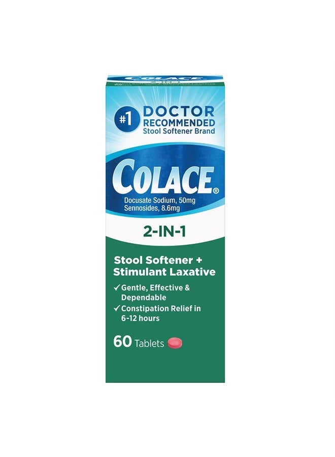 COLACE 2-In-1 Stool Softener Plus Stimulant Laxative for Gentle Effective Constipation Relief, Docusate Sodium Plus Sennosides, 60 Count - Image 1