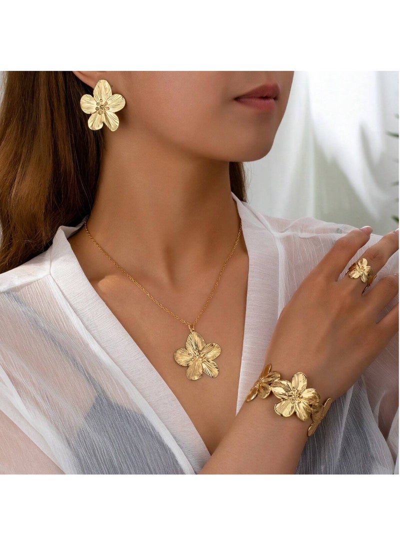 Shein 2pcs/5pcs Set Flower Necklace, Earrings, Bracelet, Ring Metal 5-Petal Flower Jewelry Set, Elegant & Sweet Accessories - Image 1
