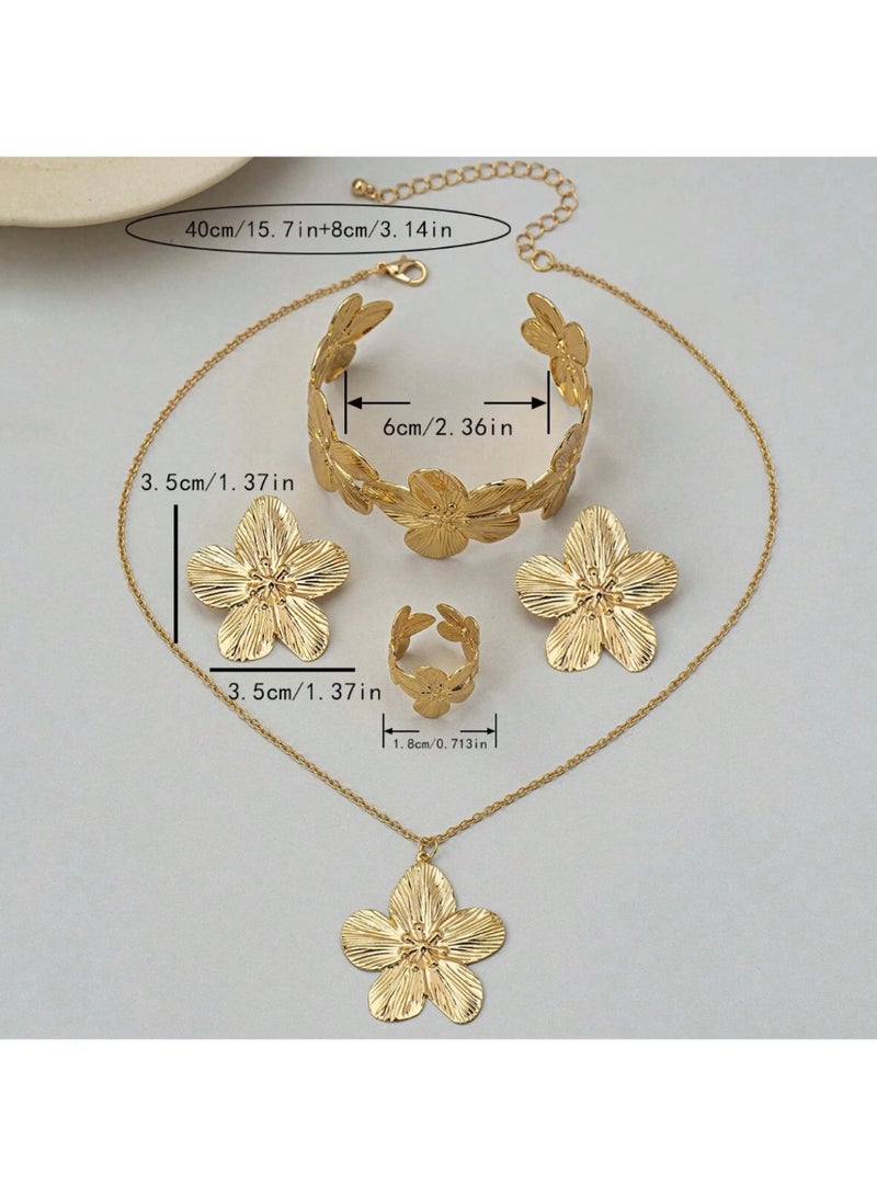 Shein 2pcs/5pcs Set Flower Necklace, Earrings, Bracelet, Ring Metal 5-Petal Flower Jewelry Set, Elegant & Sweet Accessories - Image 2
