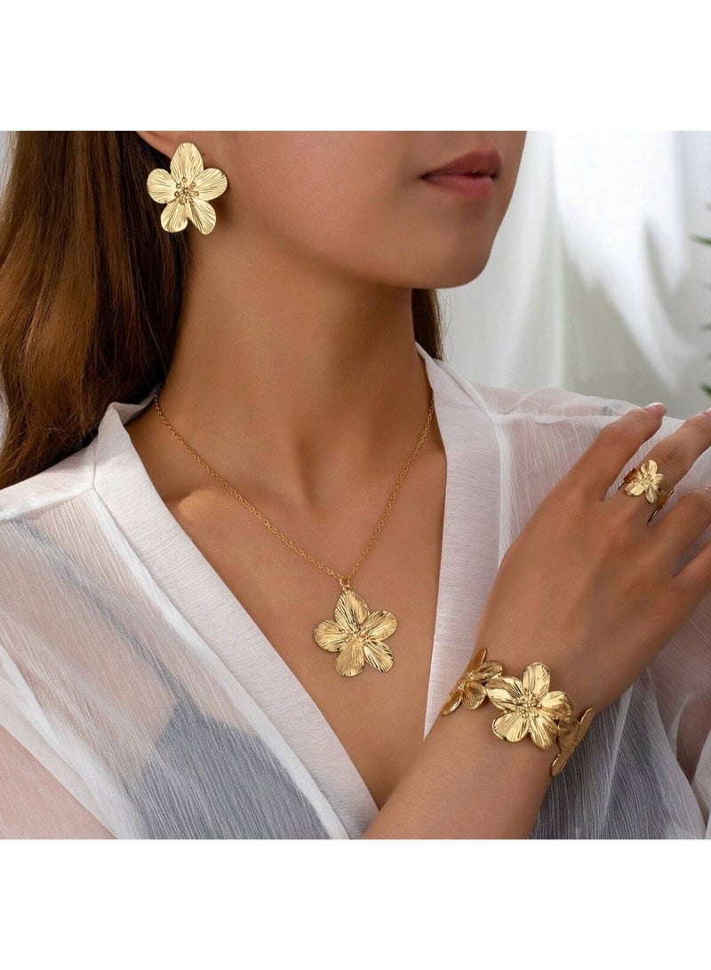 Shein 2pcs/5pcs Set Flower Necklace, Earrings, Bracelet, Ring Metal 5-Petal Flower Jewelry Set, Elegant & Sweet Accessories - Image 3