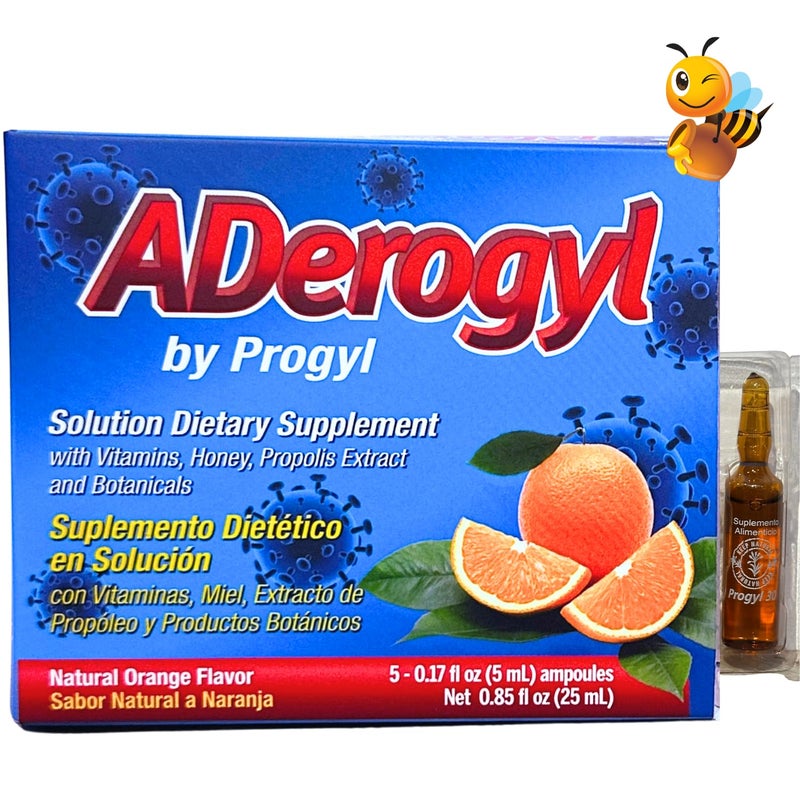 Aderogyl Oral Liquid Vitamins with A C D E Zinc Bee Honey Propolis and Botanical Extracts Natural Orange Flavor 5 Immune Support Supplement Ampoules 085 fl oz 25 ml