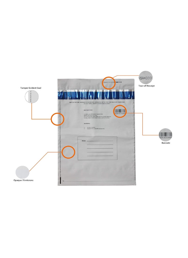 HSA Security Solutions HSA security tamper evident bag with void open message, A3 size 505mm x 385mm (20" x 15") opaque white plastic deposit/cash bags, barcoded, serialized, perforated serialized receipt. 80 microns (25piecies)  - Image 3