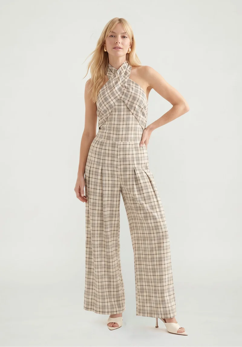 Lily and Lionel Ardern Halterneck Check Culotte Jumpsuit in Neutral