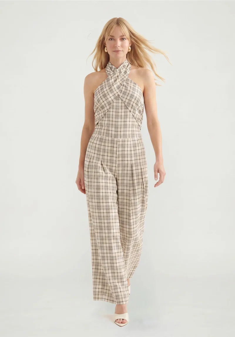 Lily and Lionel Ardern Halterneck Check Culotte Jumpsuit in Neutral