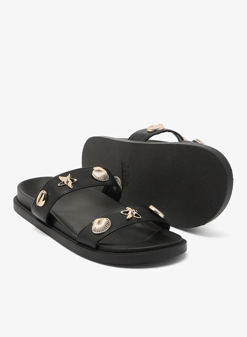 Truffle Black pu Gold Accent Toe Strap Flat Sandals With Gold Beach Inspired Embellishments for Women | Best Price UAE