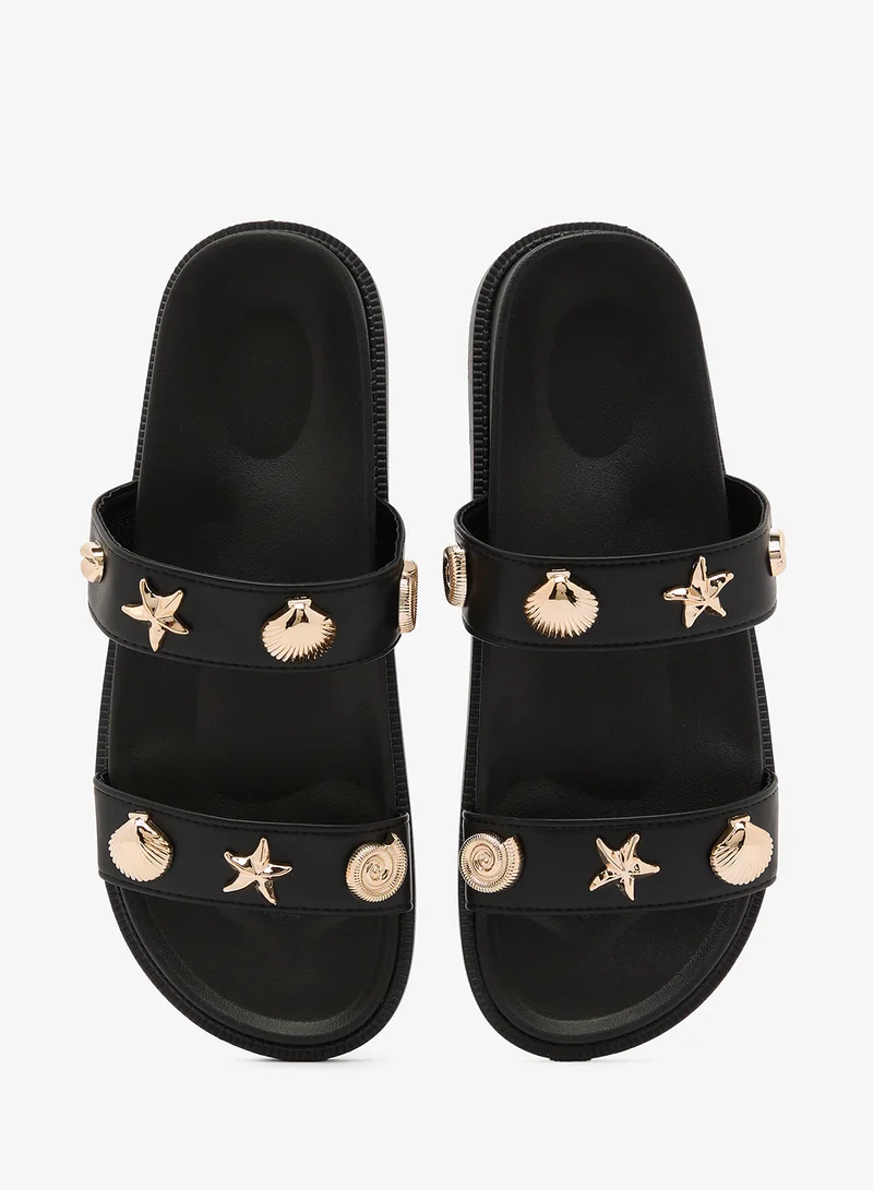 Truffle Black pu Gold Accent Toe Strap Flat Sandals With Gold Beach Inspired Embellishments for Women | Best Price UAE