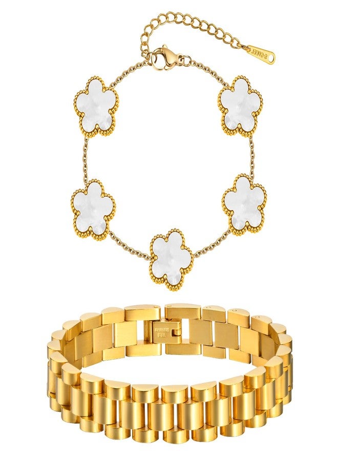 MPRAINBOW Stackable Gold Floral Bracelets Set , 2pcs 18K Gold Plated Bracelet Non-tarnish,Stainless Steel Link Chain Friendship Bracelet,Watch Band Trendy Jewelry,Christmas Valentines Birthday Gifts for Women - Image 1