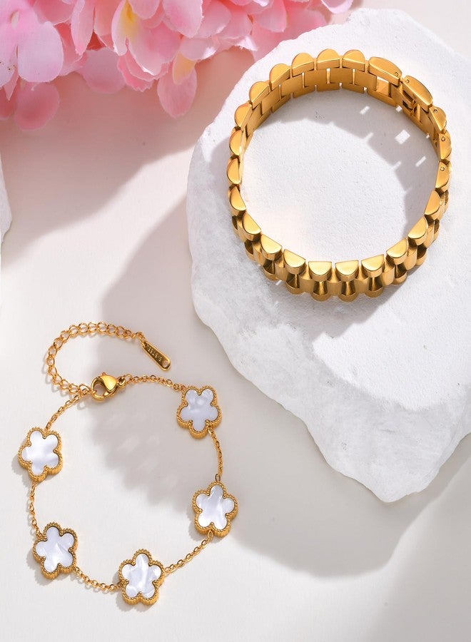 MPRAINBOW Stackable Gold Floral Bracelets Set , 2pcs 18K Gold Plated Bracelet Non-tarnish,Stainless Steel Link Chain Friendship Bracelet,Watch Band Trendy Jewelry,Christmas Valentines Birthday Gifts for Women - Image 5