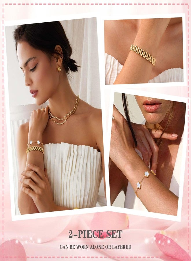 MPRAINBOW Stackable Gold Floral Bracelets Set , 2pcs 18K Gold Plated Bracelet Non-tarnish,Stainless Steel Link Chain Friendship Bracelet,Watch Band Trendy Jewelry,Christmas Valentines Birthday Gifts for Women - Image 3