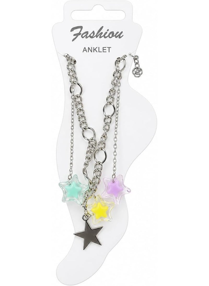 First Choice 2-Piece Silver Anklet Set for Women & Girls, Layered Chain with Colorful Acrylic Star Charms, Adjustable Summer Beach Foot Jewelry - Image 2