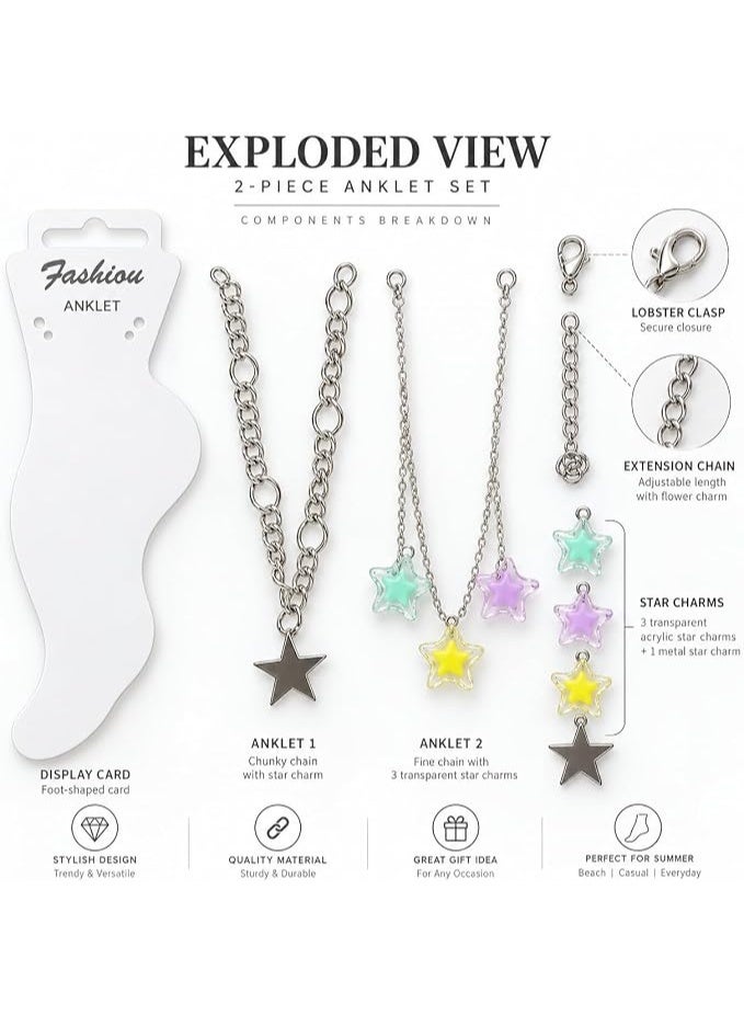 First Choice 2-Piece Silver Anklet Set for Women & Girls, Layered Chain with Colorful Acrylic Star Charms, Adjustable Summer Beach Foot Jewelry - Image 4