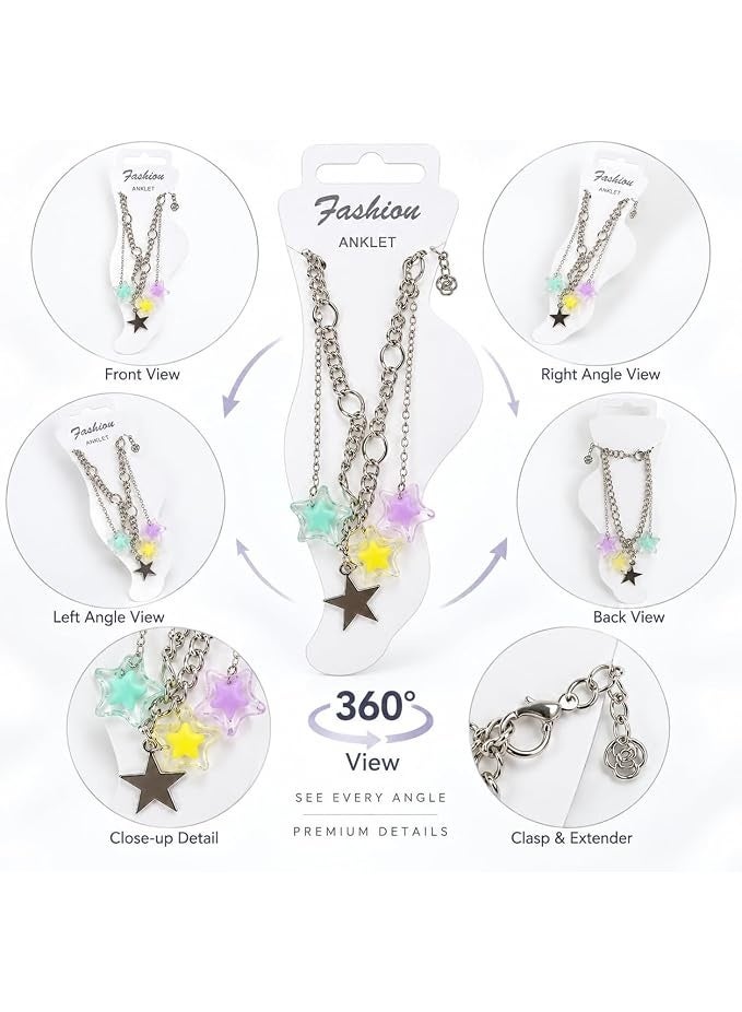 First Choice 2-Piece Silver Anklet Set for Women & Girls, Layered Chain with Colorful Acrylic Star Charms, Adjustable Summer Beach Foot Jewelry - Image 3