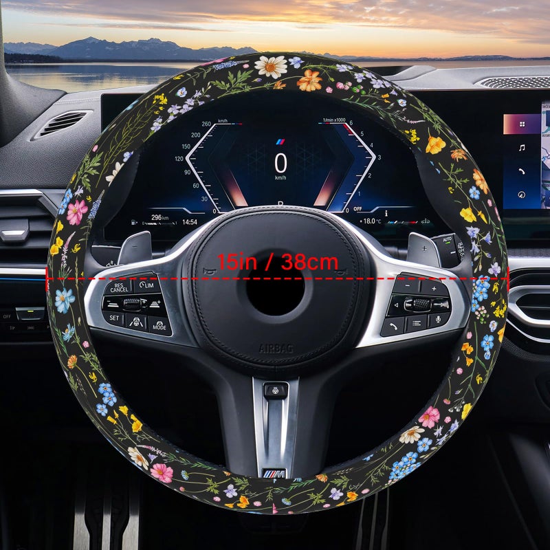 Pcnjozx Car Steering Wheel Cover for Women Men, Non-Slip Breathable Steering Wheel, Wildflower Steering Wheel Protector, Car Accessories, Universal 14" 02/2-15" Fit Auto, Suvs - Image 3