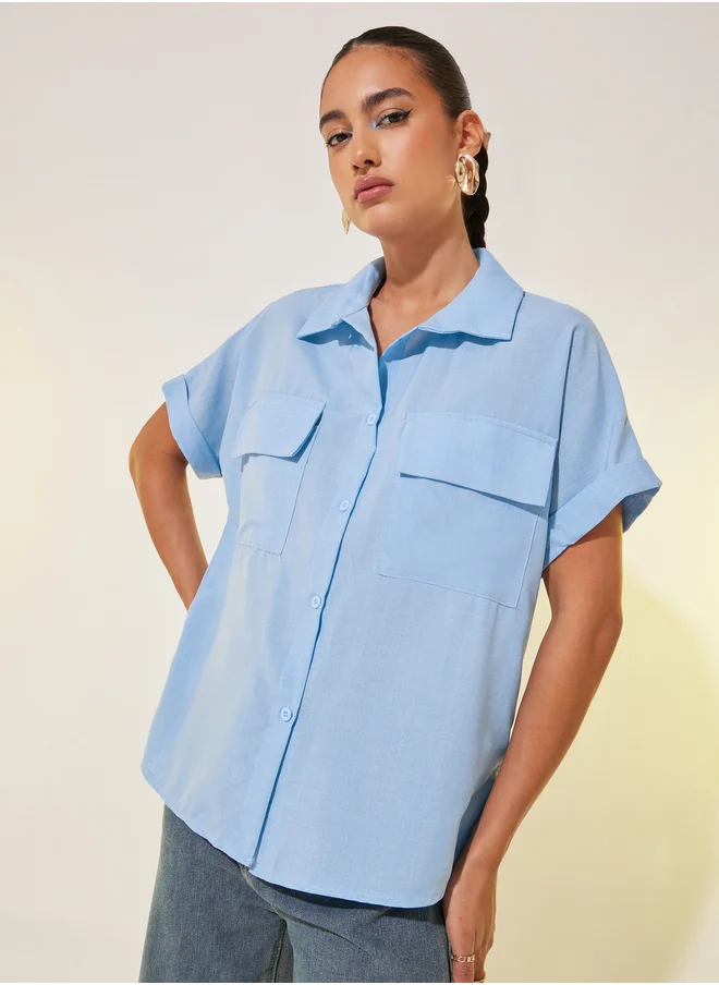 ستايلي Solid Short Sleeve Spread Collar Shirt