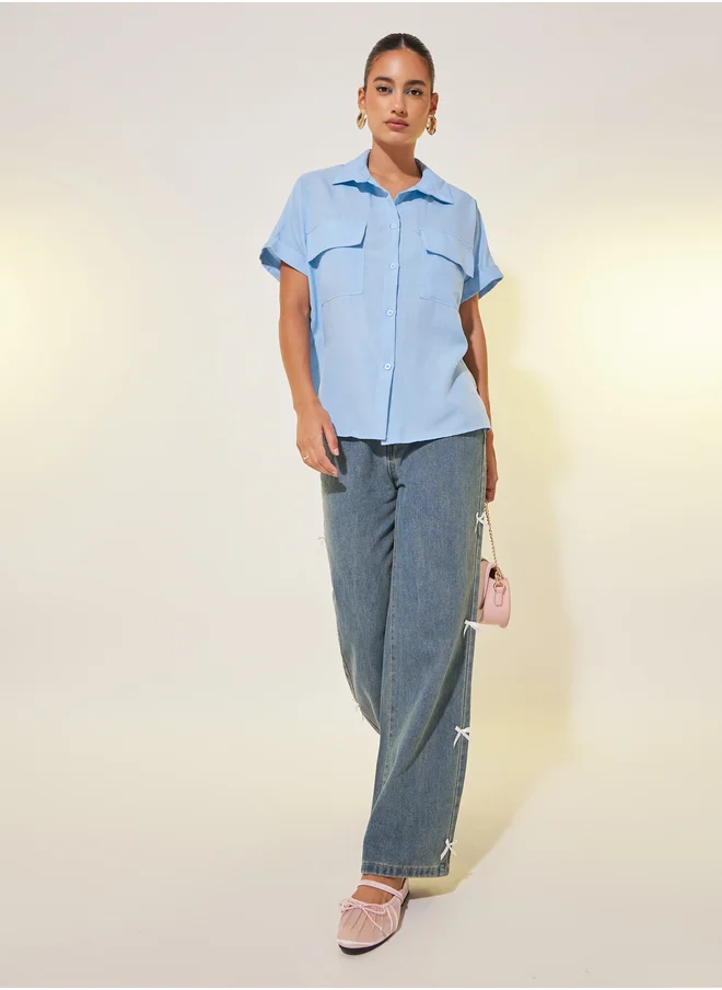 ستايلي Solid Short Sleeve Spread Collar Shirt