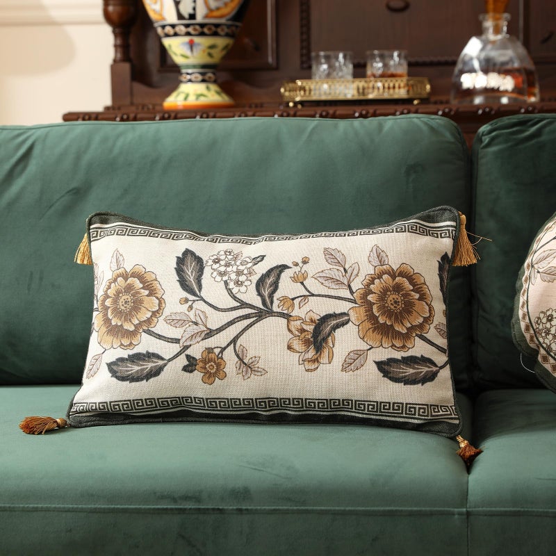 ISAENNE Design Linen Chinoiserie Rectangle Throw Pillow Covers 12"x20" Pack of 2, Farmhouse Cushion Covers with Yellow Floral Birds Pattern Decoration Pillowcases for Bed,Living Room,Outdoor,Car - Image 2