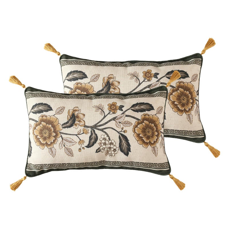 ISAENNE Design Linen Chinoiserie Rectangle Throw Pillow Covers 12"x20" Pack of 2, Farmhouse Cushion Covers with Yellow Floral Birds Pattern Decoration Pillowcases for Bed,Living Room,Outdoor,Car - Image 1