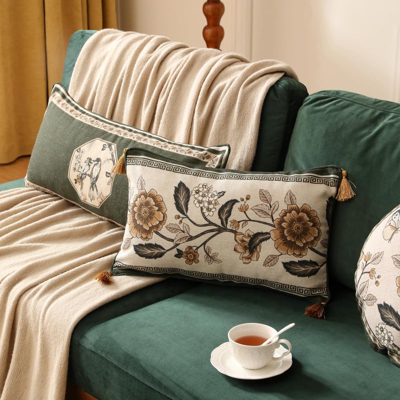 ISAENNE Design Linen Chinoiserie Rectangle Throw Pillow Covers 12"x20" Pack of 2, Farmhouse Cushion Covers with Yellow Floral Birds Pattern Decoration Pillowcases for Bed,Living Room,Outdoor,Car - Image 5
