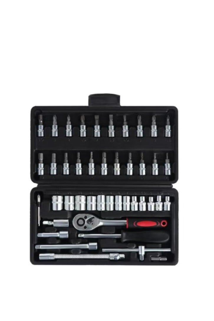 46PCS Small Drive Socket Ratchet Wrench Screwdriver Set, 1/4 Inch Metric Socket and Ratchet Wrench Set with Extension Bar, Upgrade Compact Snap on Ratchet Wrench Sockets Tool Set for Car - Image 1