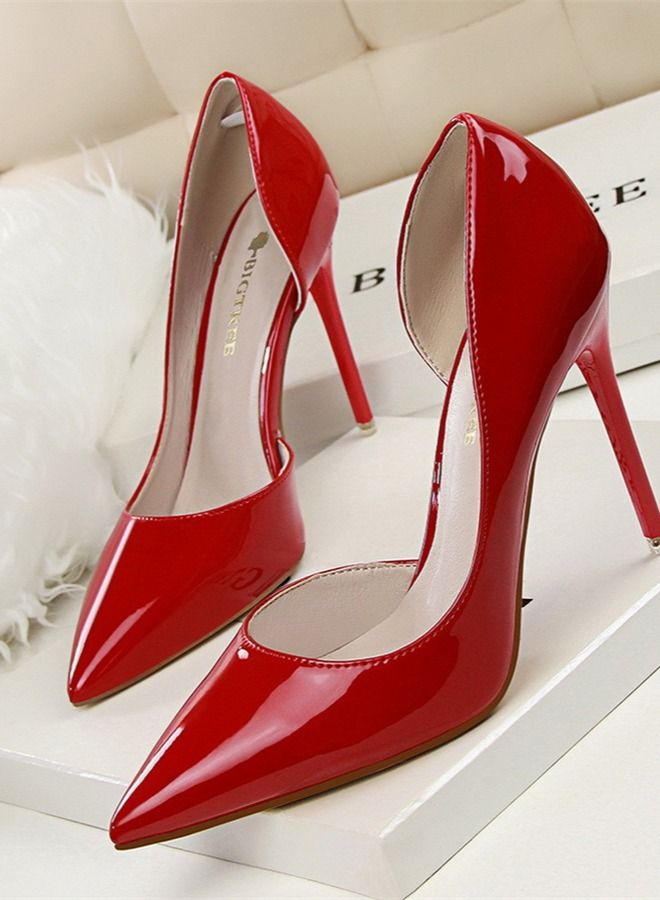 BIGTREE Lacquer Leather Shallow Mouth Pointed Hollow High Heel Shoes 10.5CM Red