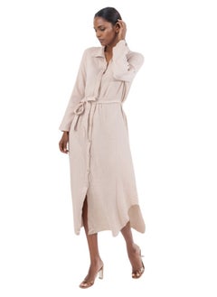 HaILYS Long Sleeve Button-Down Maxi Shirt Dress with Tie Belt - Beige  - Image 1
