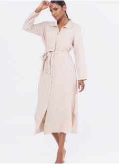 HaILYS Long Sleeve Button-Down Maxi Shirt Dress with Tie Belt - Beige  - Image 4