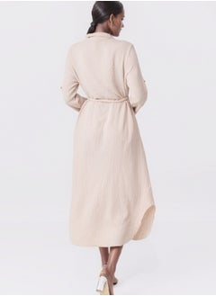 HaILYS Long Sleeve Button-Down Maxi Shirt Dress with Tie Belt - Beige  - Image 3