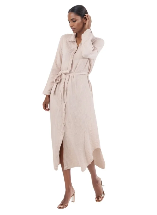 HaILYS Long Sleeve Button-Down Maxi Shirt Dress with Tie Belt - Beige