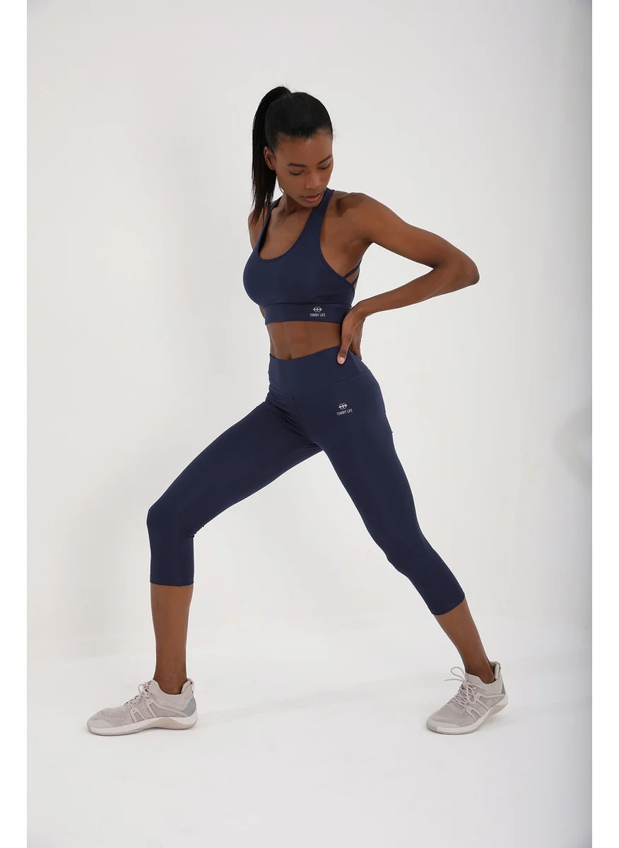 Tommy Life Indigo High Waist Slim Fit Women's Leggings Set with Cross Back Detail - 95283