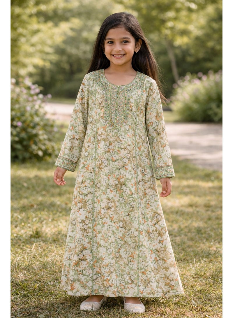 Stitched Princess Bloom Green Mukhawar Jalabeya Mukhawar Jalabeya with Matching Headband - Image 4