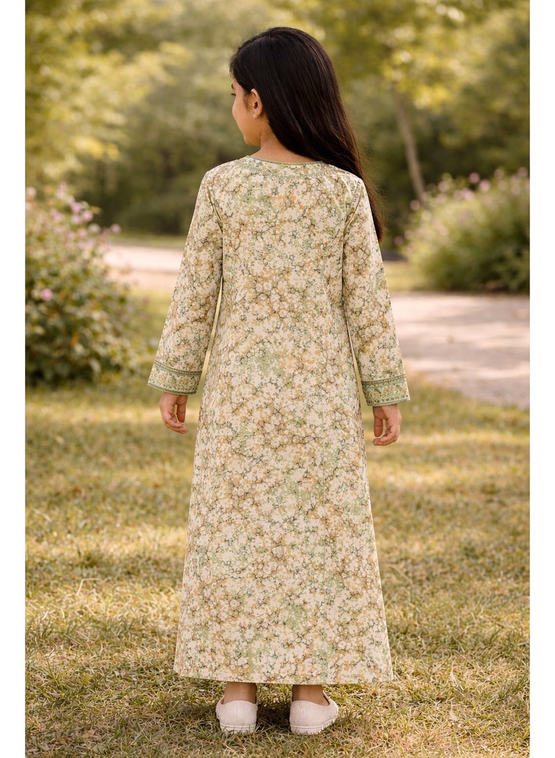 Stitched Princess Bloom Green Mukhawar Jalabeya Mukhawar Jalabeya with Matching Headband - Image 3