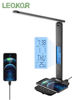 LEOKOR LED Desk Lamp with Wireless Charger USB Charging Port Desk Lamp with Clock, Alarm, Date, Temperature  - Image 1