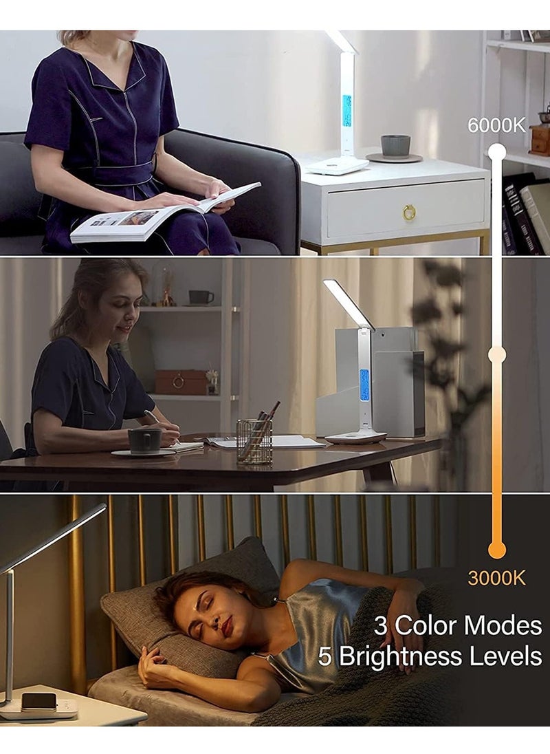 LEOKOR - LED Desk Lamp with Wireless Charger USB Charging Port Desk Lamp with Clock, Alarm, Date, Temperature - Image 1