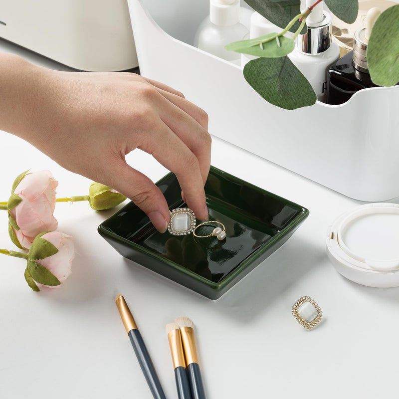 Mecaikru Ceramic Trinket Dish, Ring Tray, Decorative Jewelry Dish for Earrings Necklaces Watch Keys for Women (Dark Green Square) - Image 4