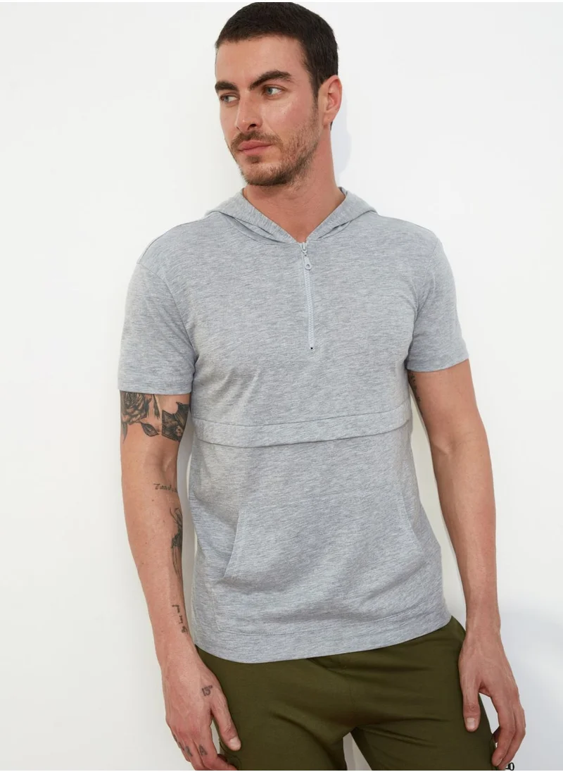 trendyol Textured Half Zip Hooded T-Shirt