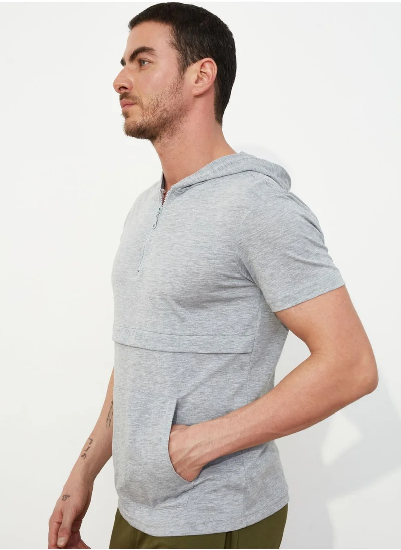 trendyol Textured Half Zip Hooded T-Shirt