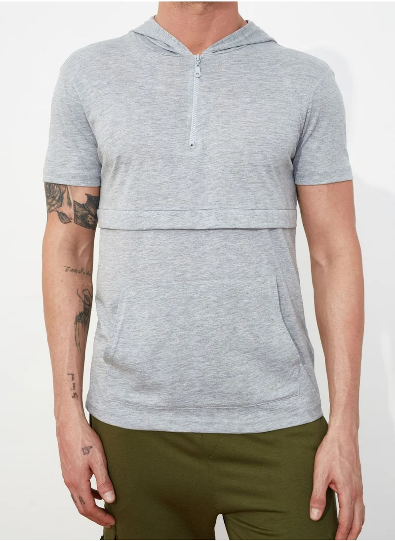trendyol Textured Half Zip Hooded T-Shirt