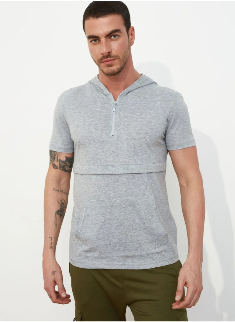 trendyol Textured Half Zip Hooded T-Shirt