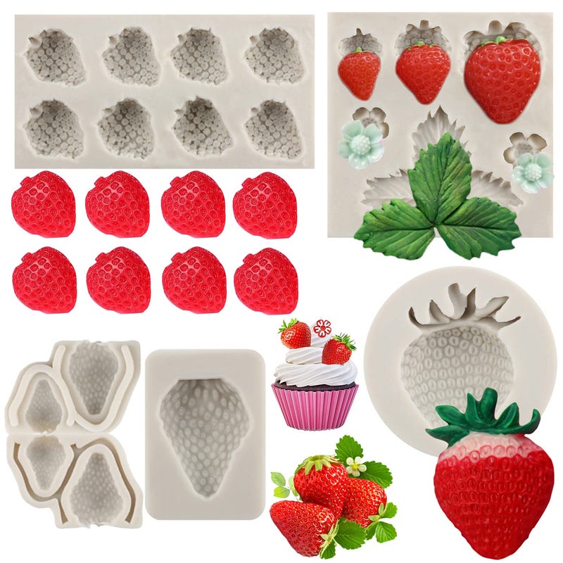 Sijiangmold 3D Strawberry Silicone Molds Strawberry Flowers Fondant Molds Strawberry Mold For Cake Decorating Chocolate Candy Cupcake Topper Decorating Polymer Clay Set Of 4