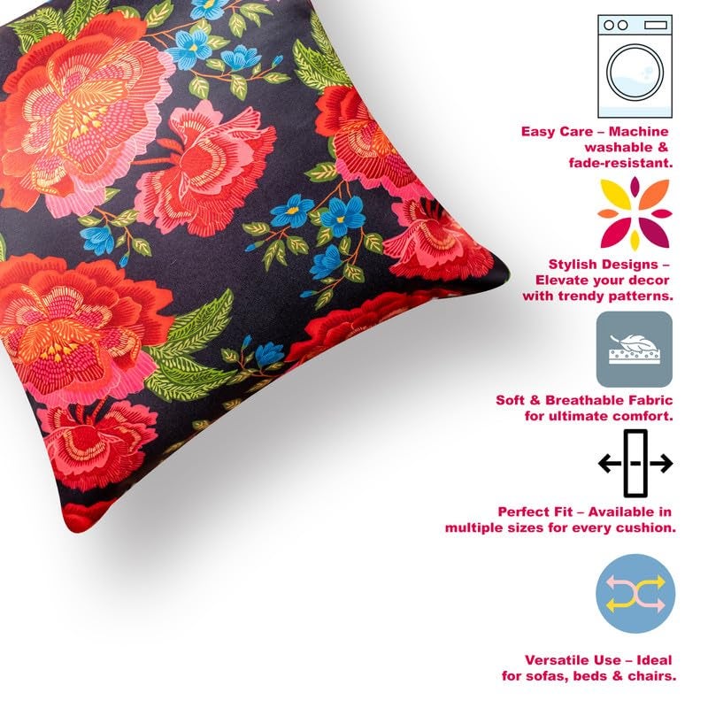 Vendola Decorative Satin Sofa Cushion Covers Set of 5, 24 Inch x 24 Inch, Sofa Pillow Cover, Black, Red and Multicolor, Floral Design, Zipper Closure (Kalina, 24X24 Inches) - Image 2